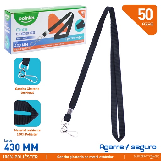 [TCP-N23F-BK] Cinta Colgante Porta Carnet 50pza Negro POINTER