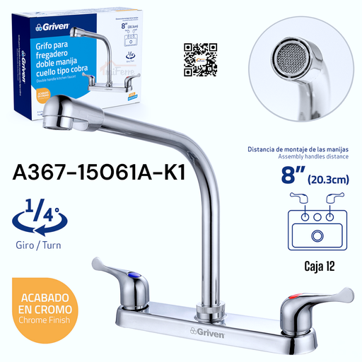 [A367-15061A-K1] Grifo para Fregadero Doble Manija Cuello Tipo Cobra GRIVEN