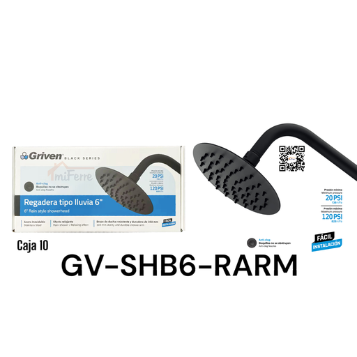 [GV-SHB6-RARM] Regadera Tipo Lluvia 6" GRIVEN Black Series
