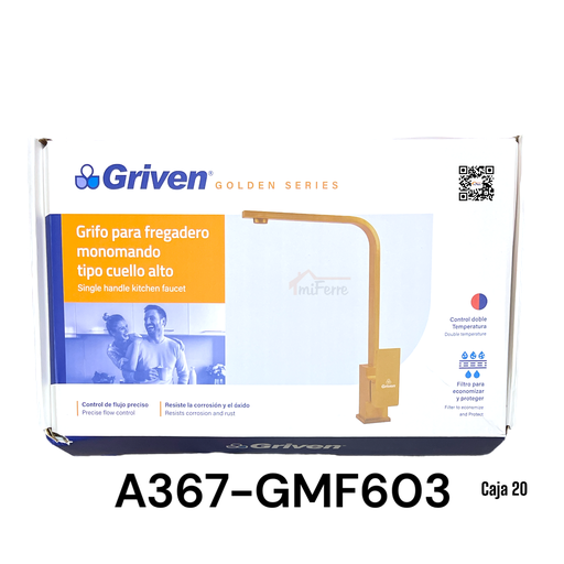 [A367-GMF603] Grifo para Fregadero Monomando Tipo Cuello Alto GRIVEN Golden Series