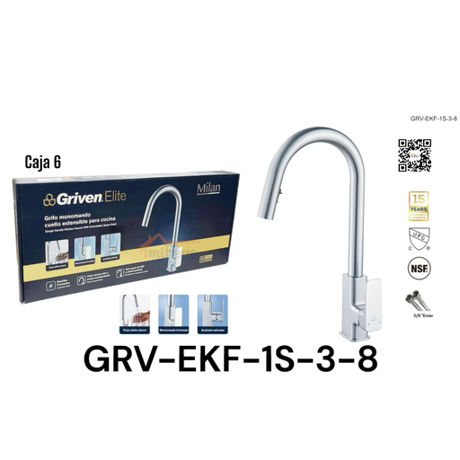 [GRV-EKF-1S-3-8] Grifo Monomando Cuello Extensible para Cocina Milan GRIVEN Elite